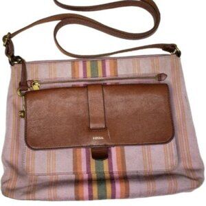Fossil Kinley Crossbody Bag Cotton Leather Multicolor Stripes Key Charm